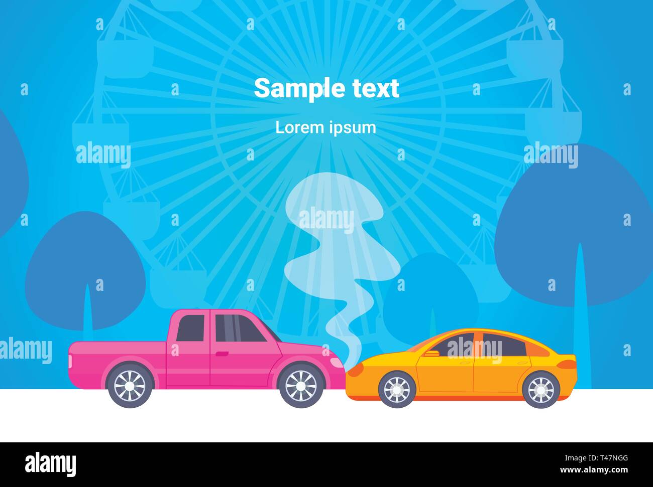 Incidente di auto crash sulla strada collisione frontale si è schiantato vetture concetto ruota panoramica sullo sfondo del paesaggio piatto orizzontale dello spazio di copia Illustrazione Vettoriale