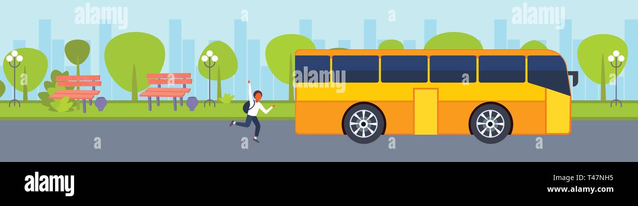 African adolescente americano correre per prendere il bus di scuola fretta fino tardi concetto studente maschio agitando la mano gesto città parco urbano sullo sfondo del paesaggio Illustrazione Vettoriale