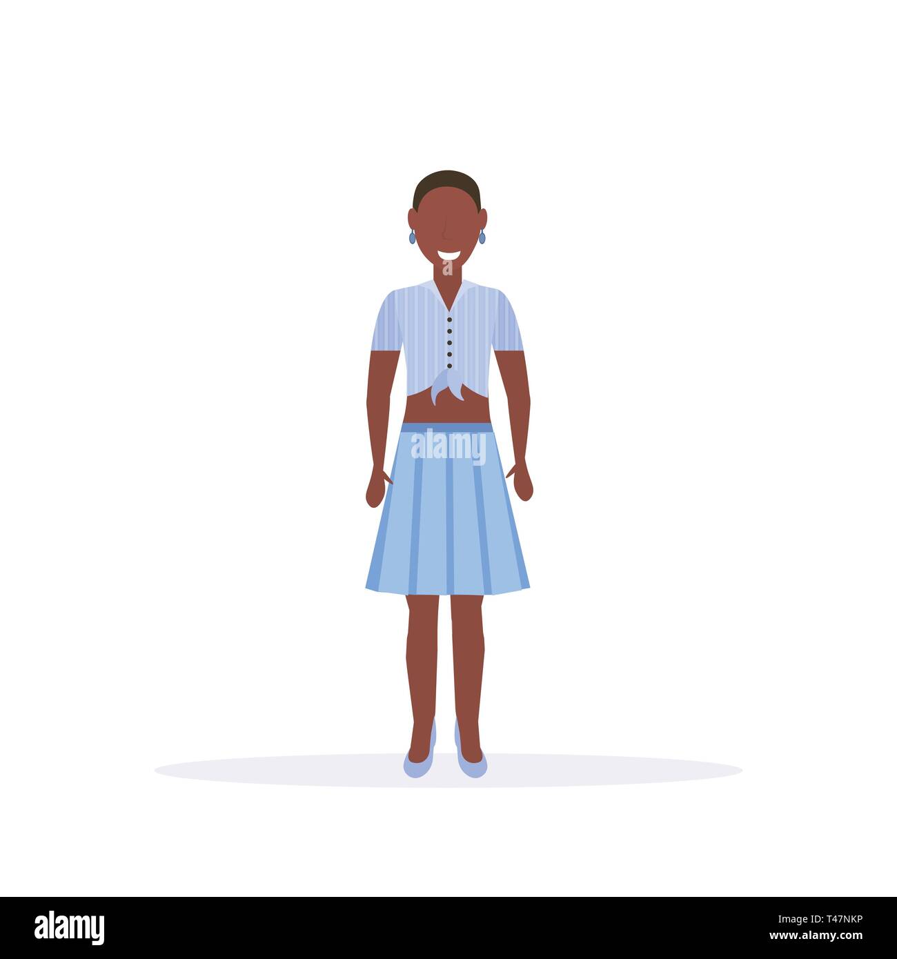 Felice casual donna posa sorridente americano africano a pelo corto femmina ragazza personaggio dei fumetti a piena lunghezza piatto sfondo bianco Illustrazione Vettoriale