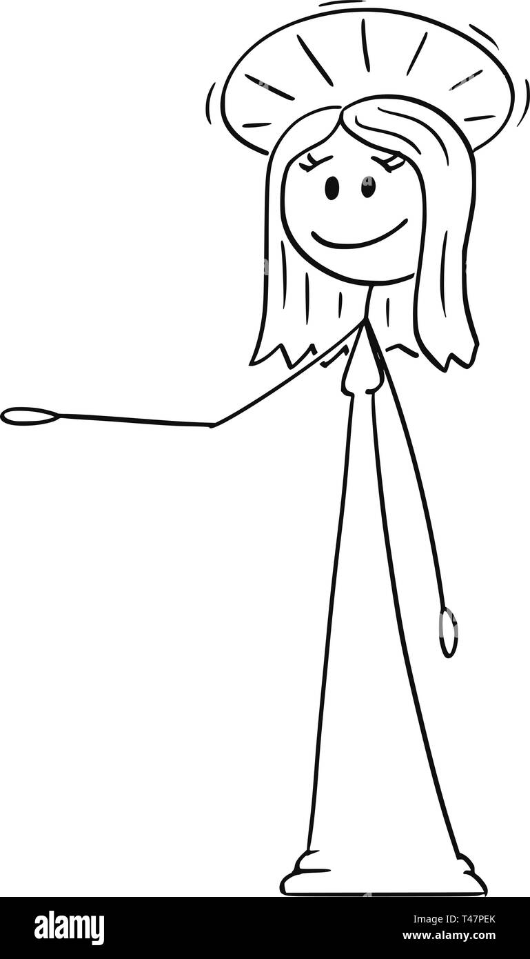Cartoon stick figura disegno illustrazione concettuale di santa donna con alone attorno alla testa è offerta, mostrare o rivolti a qualcosa. Illustrazione Vettoriale
