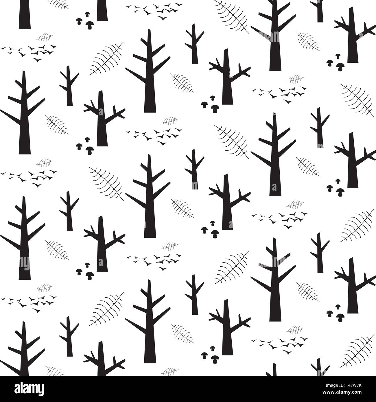 Monocromatico vettore seamless pattern con nero gli elementi della natura su sfondo bianco Illustrazione Vettoriale