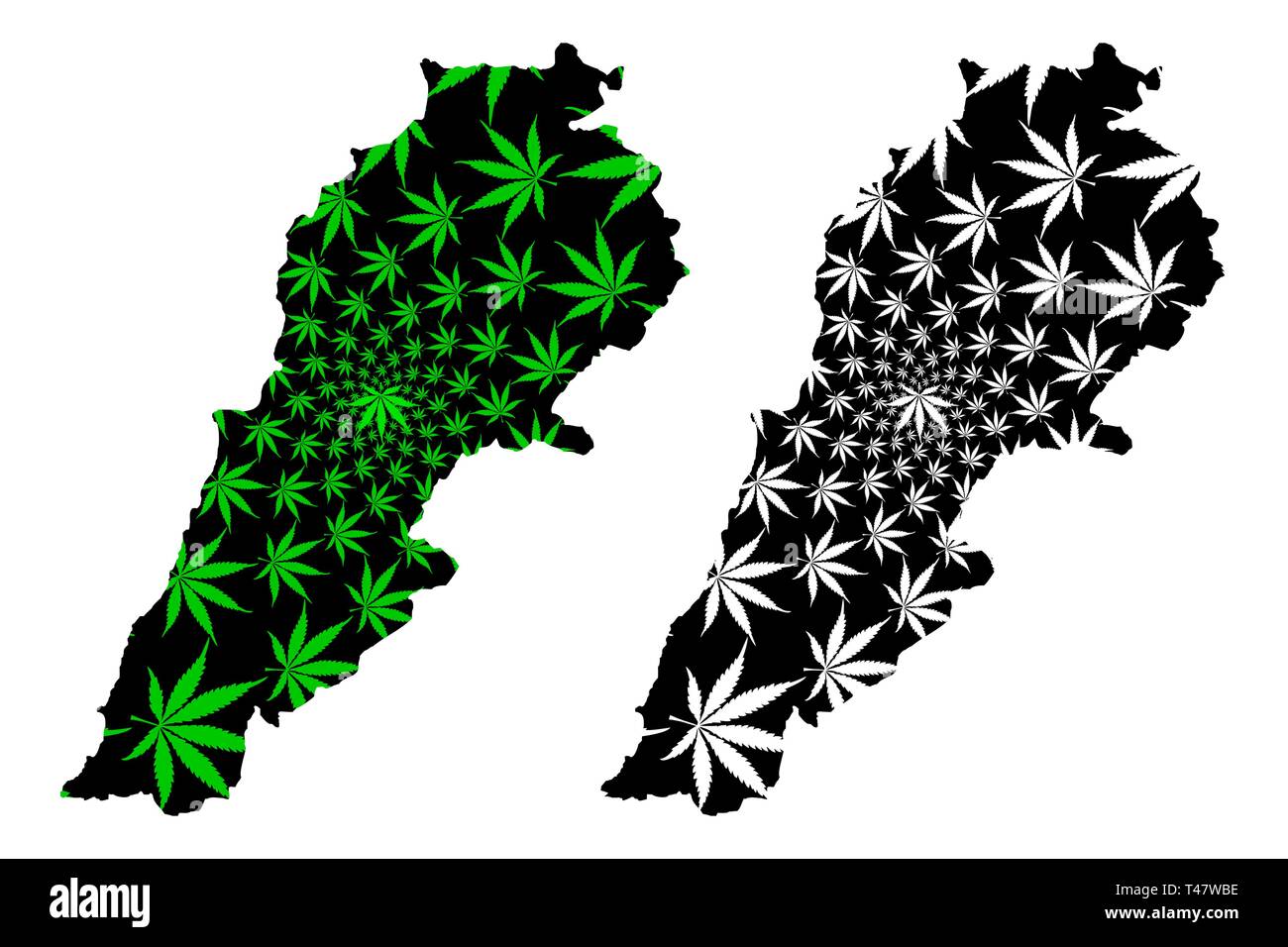 Libano - Mappa è progettato Cannabis leaf verde e nero, Repubblica libanese mappa fatta di marijuana (marihuana,THC) Fogliame, Illustrazione Vettoriale