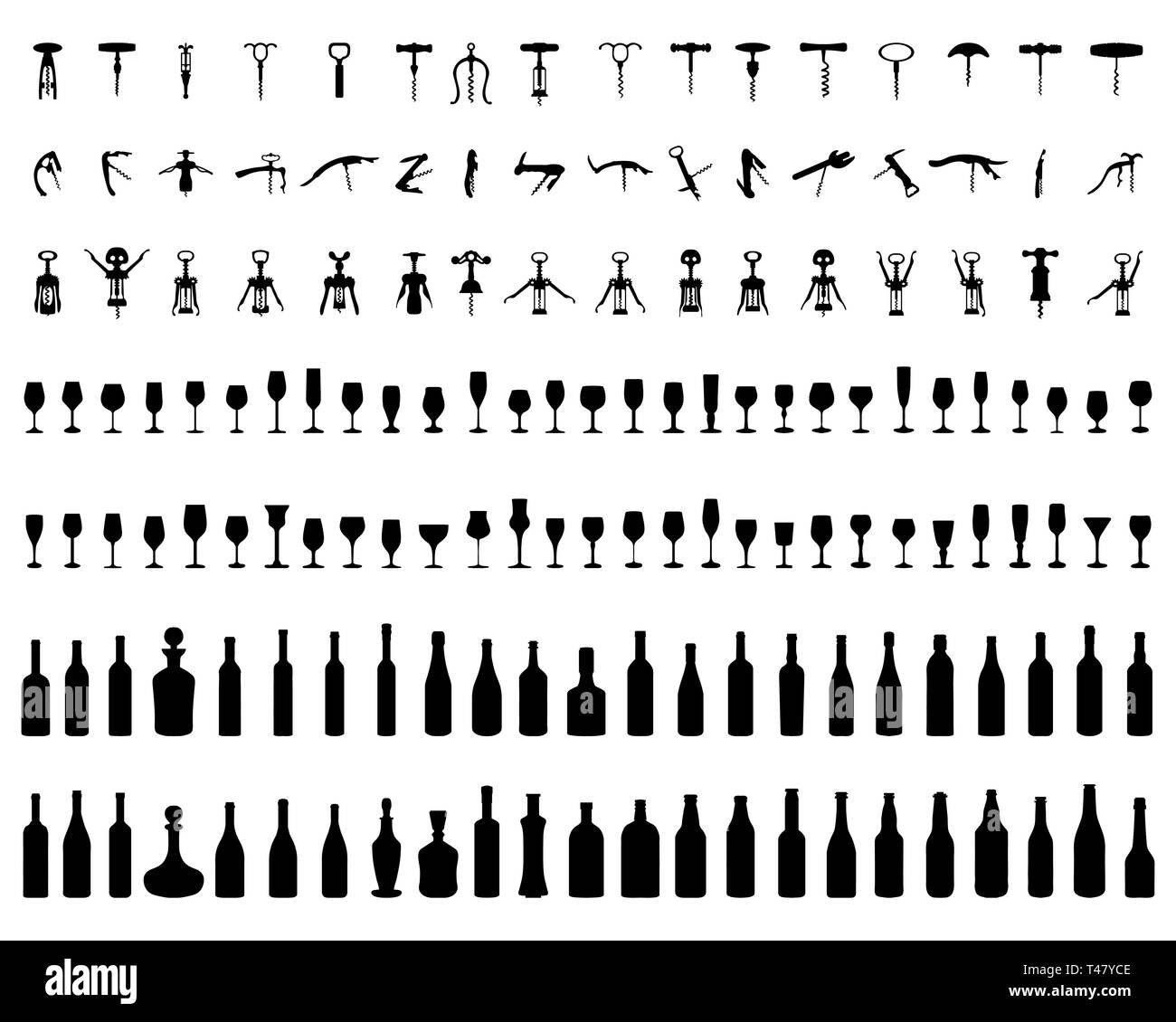 Sagome di bottiglie, bicchieri e cavatappi su sfondo bianco Foto Stock