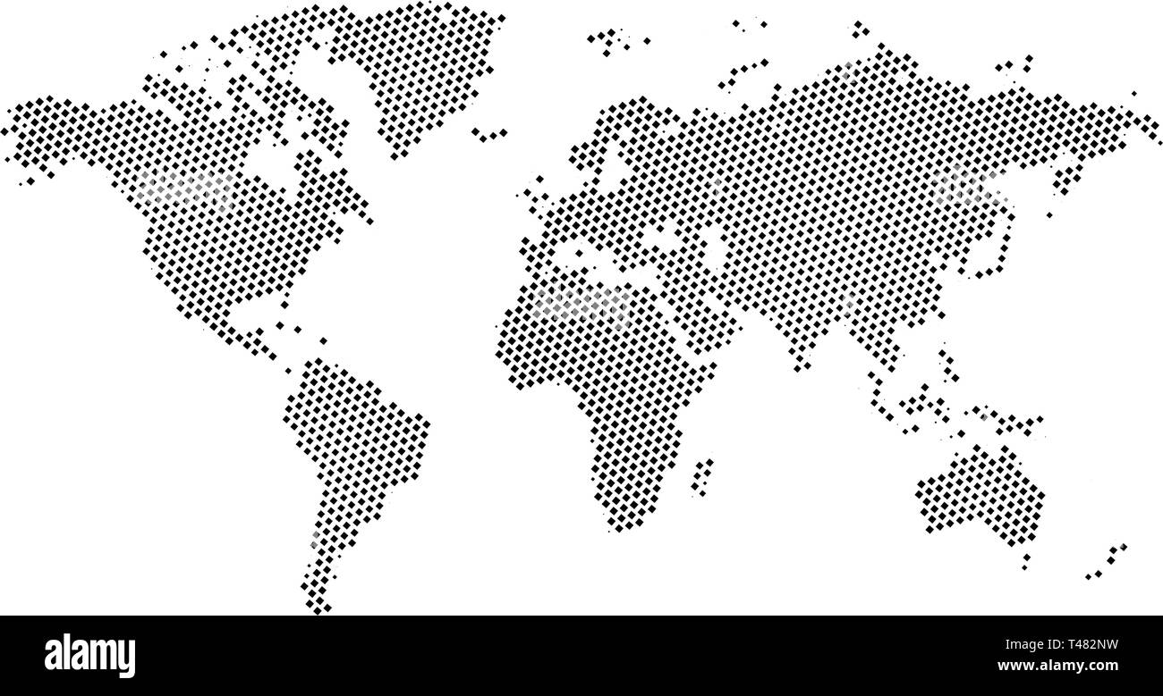 Mezzitoni neri punteggiate esagonale mappa del mondo. Illustrazione Vettoriale. Mappa punteggiata in design piatto. Illustrazione di vettore isolato su sfondo bianco Illustrazione Vettoriale