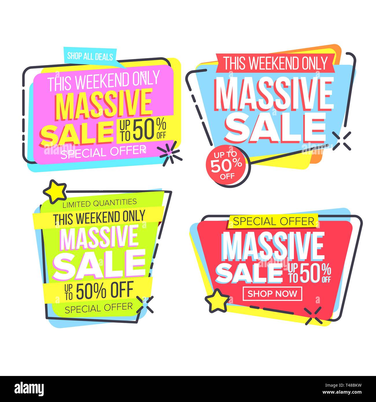 Massiccia vendita, offerte speciali, vettore di sconto Set di adesivi Illustrazione Vettoriale