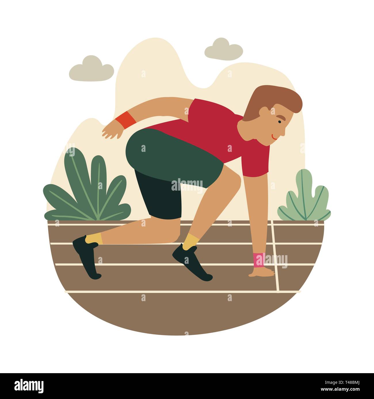 Cartoon sprinter pronto a sprint sulla linea di partenza. Illustrazione Vettoriale