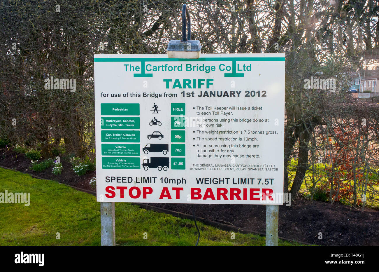 Elenco dei pedaggi su Cartford ponte a pedaggio che attraversa il fiume Wyre a Salisbury a poco Eccleston con Larbreck Lancashire England Regno Unito Foto Stock