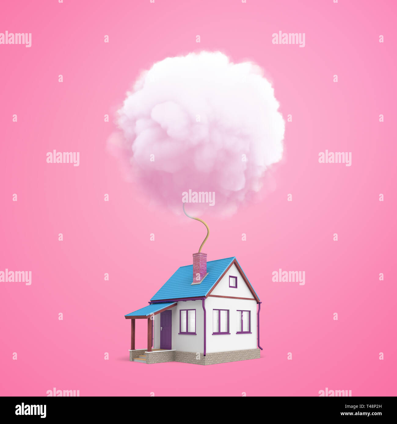 3D rendering di un piccolo storeyed-casa unifamiliare con un camino dal quale uno stoppino è leader in un round fluffy cloud. Foto Stock