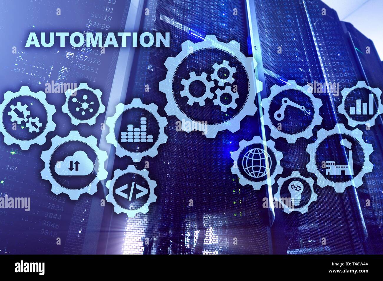 Automazione di aumento di produttività concetto. Processo di tecnologia su un server in background in camera Foto Stock