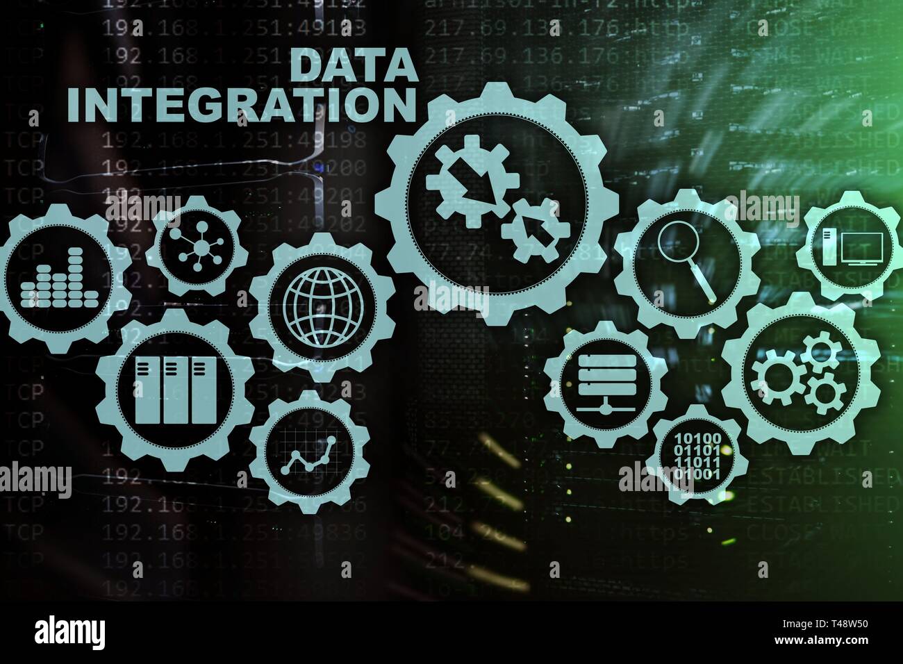 Integrazione dei dati di Business Information Technology concetto sulla sala server sfondo. Foto Stock