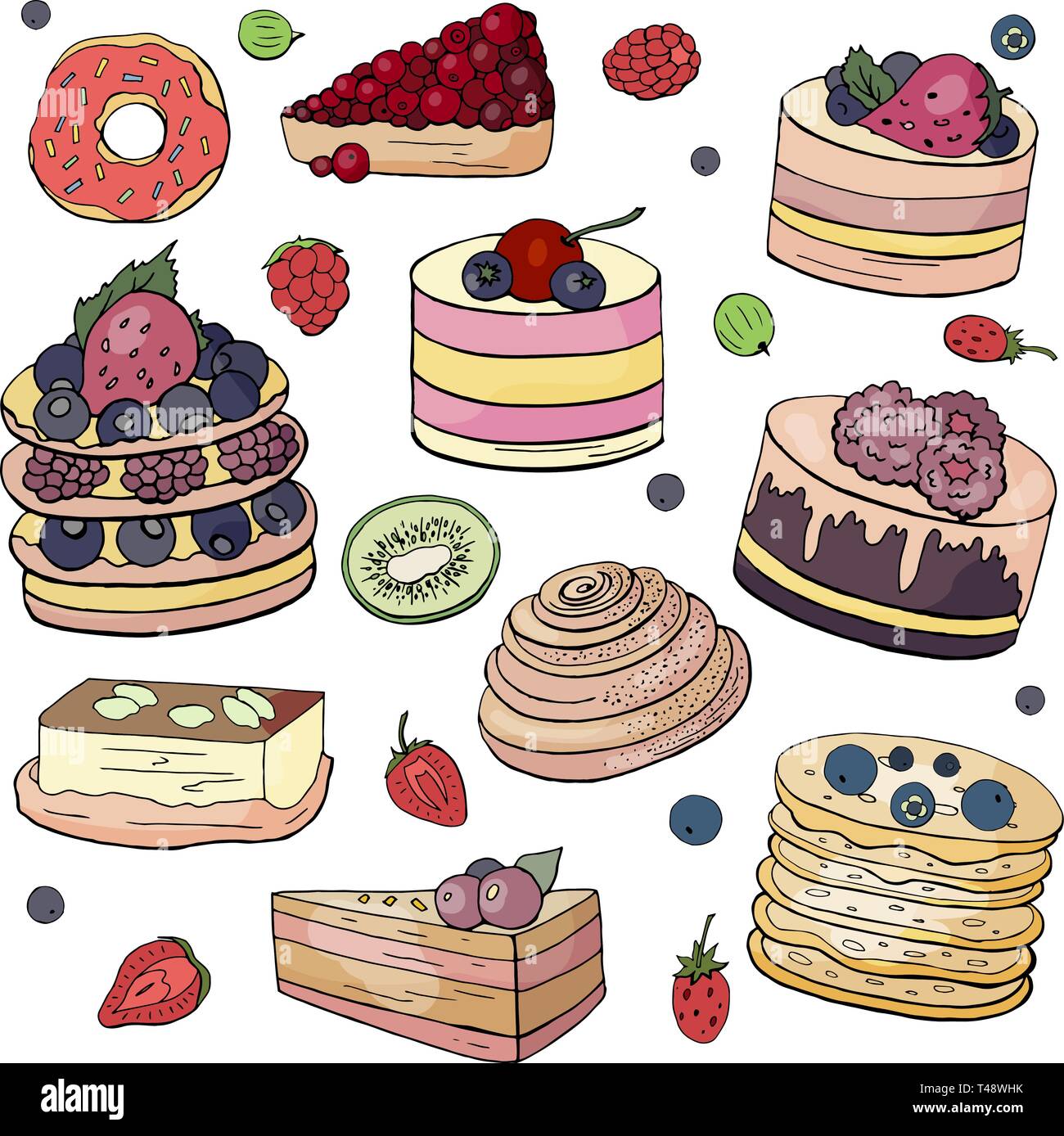 Set di diversi tipi di torte e dolci su sfondo bianco. Raccolta di dolci Illustrazione Vettoriale