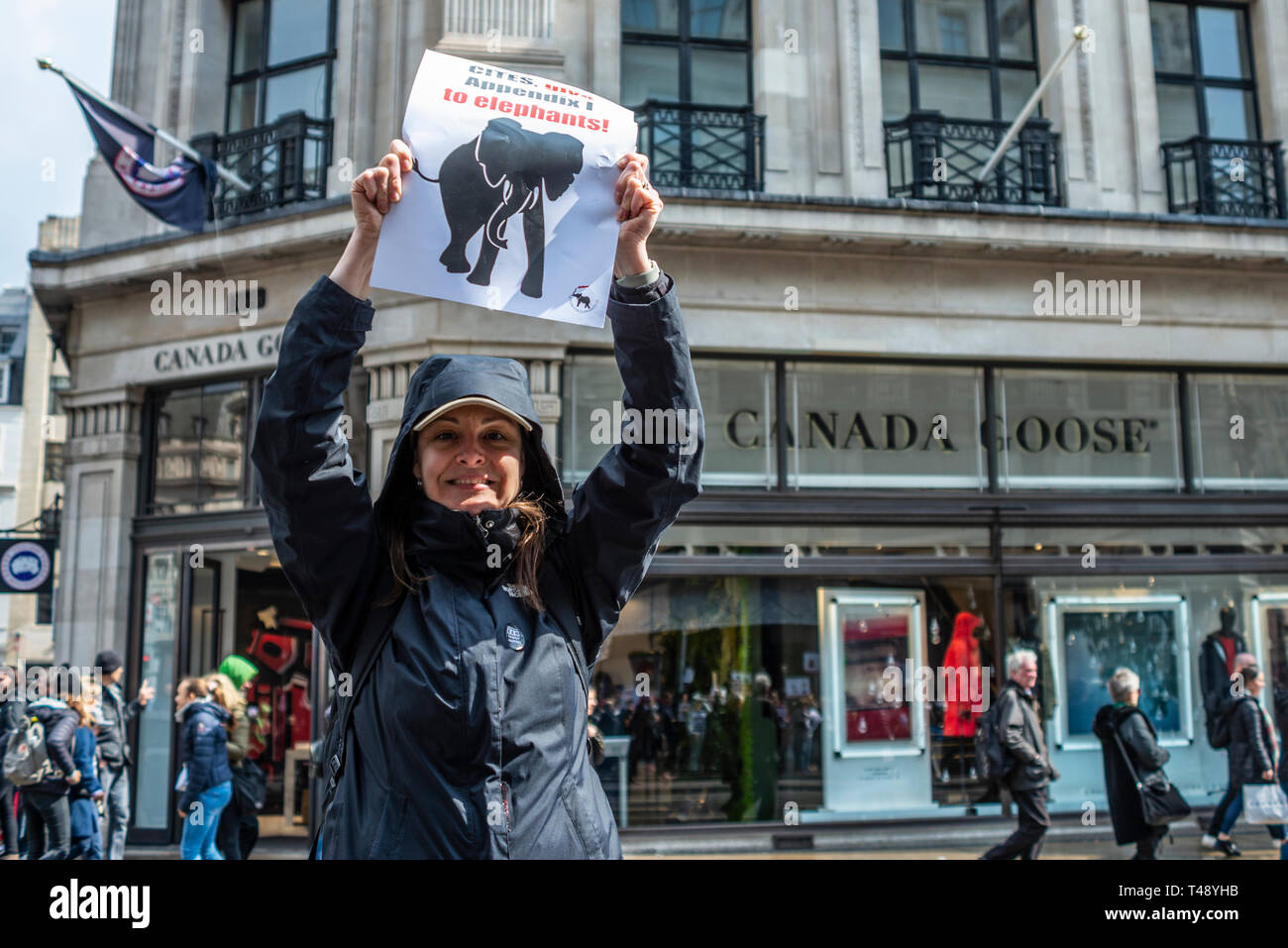 Protester con cartello al di fuori del Canada Goose shop store in Regent Street a un arresto trofeo di caccia e commercio di avorio protesta rally, London, Regno Unito Foto Stock