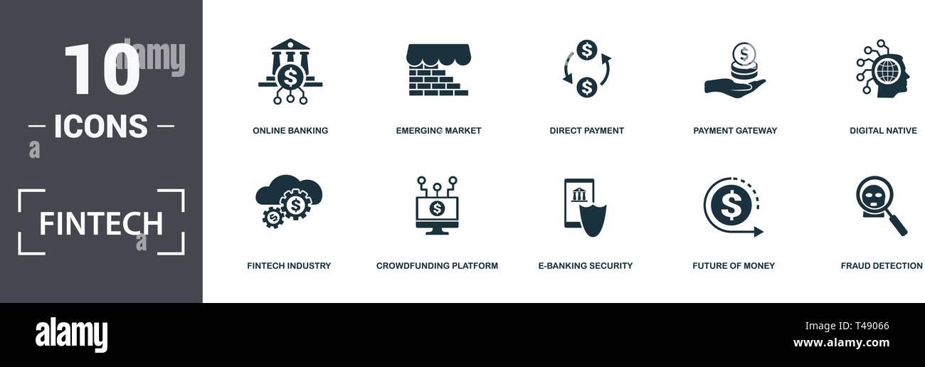 Set di Fintech raccolta di icone. Include elementi semplici come il banking online, mercato emergente, pagamento diretto, Gateway di pagamento, Digital Native, folla Illustrazione Vettoriale