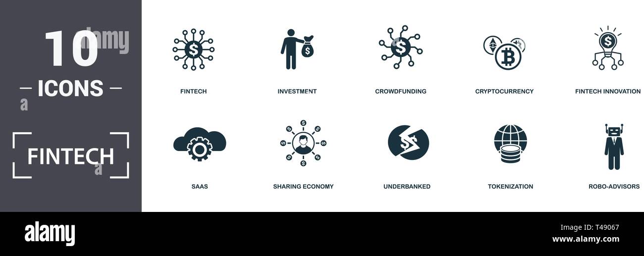 Set di Fintech raccolta di icone. Include elementi semplici come Fintech, investimenti, Crowdfunding, Cryptocurrency, Fintech innovazione, economia di condivisione Illustrazione Vettoriale