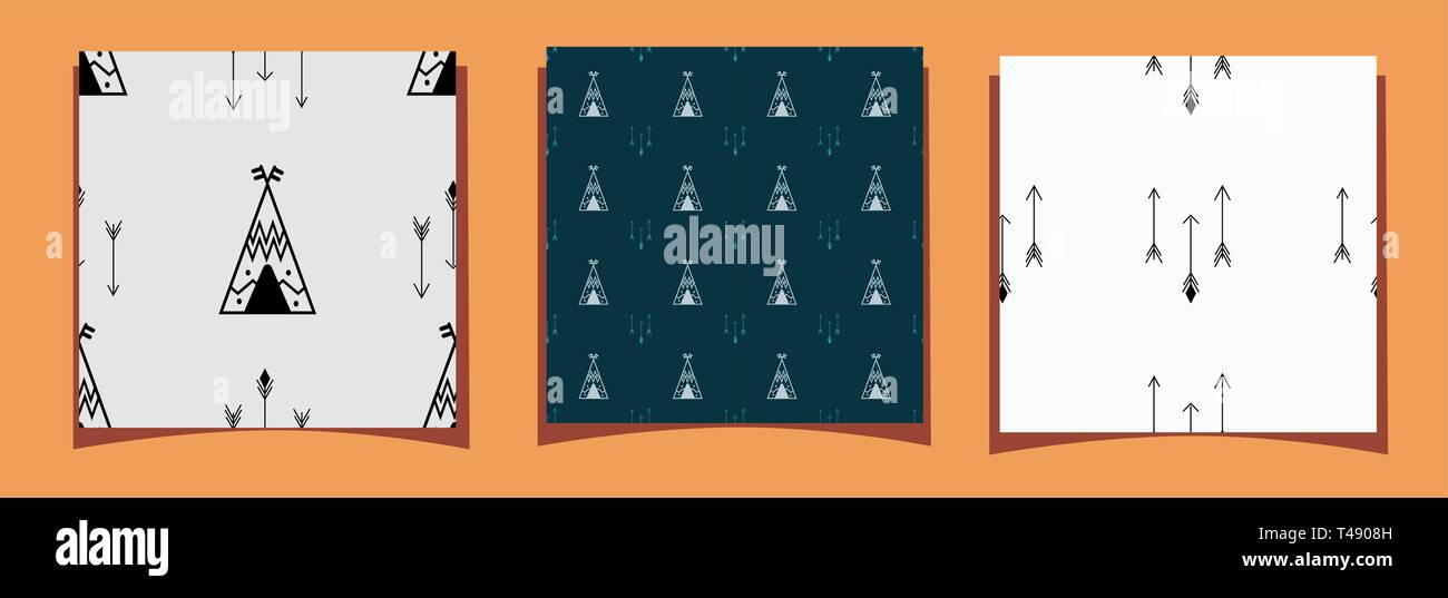 Tre piastrelle di seamless pattern con wigwam e frecce. Per le decorazioni delle pareti nella stanza dei bambini, il design della zona giochi, festa degli indiani, Illustrazione Vettoriale