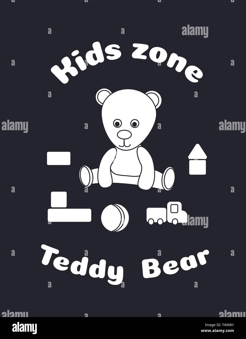 Adesivo per la progettazione della zona di bambini. Orsacchiotto di peluche e giocattoli, cubetti, sfera, auto. Adatto per un logo negozio di giocattoli, un design plotter taglio, decor di vetro. Blac Illustrazione Vettoriale