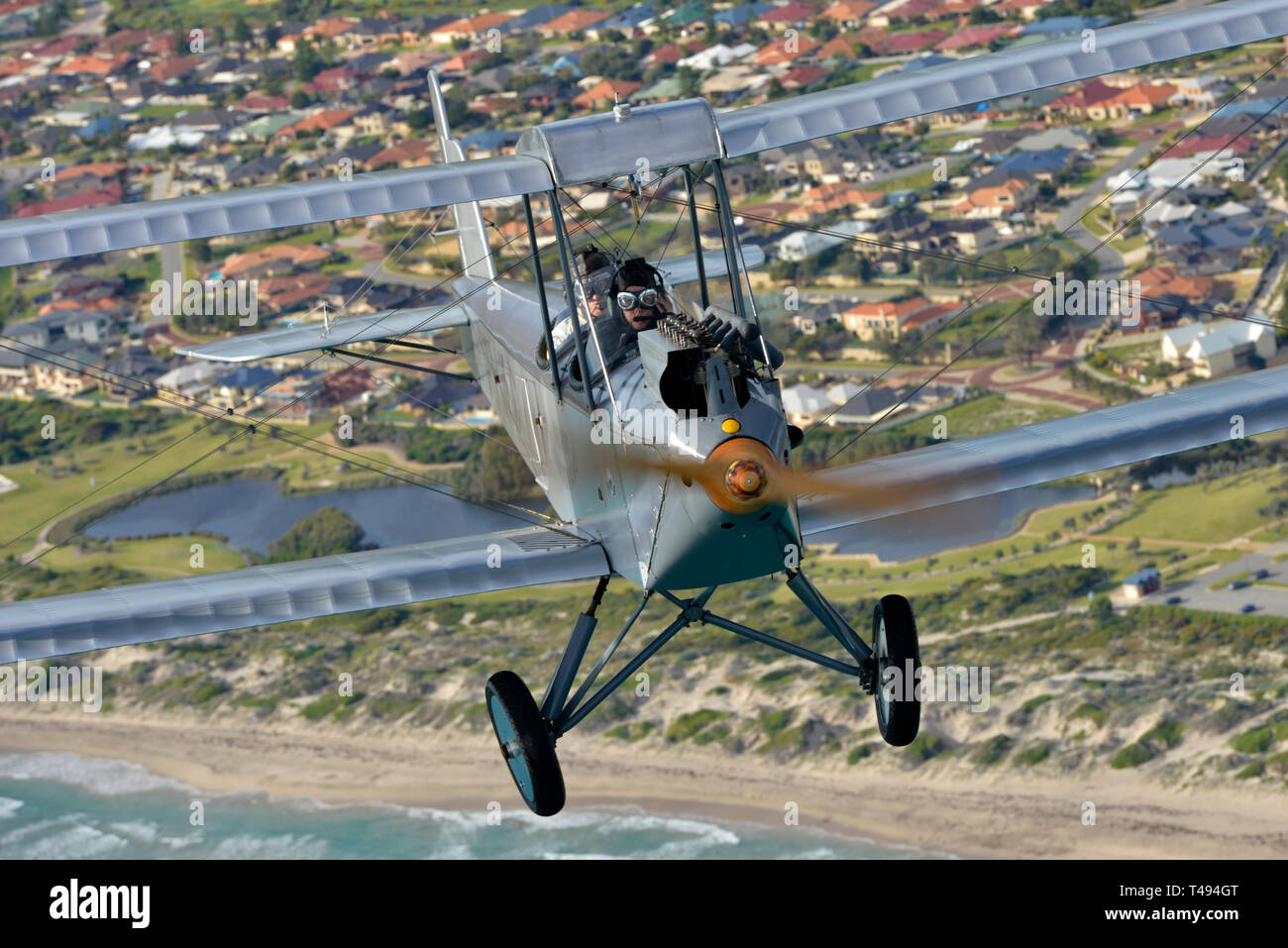 Una testa sul tiro di una sola e unica argento centenario biplano, dall Australia Occidentale. Percorse dai costruttori originali nipote, oltre Bunbury, WA. Foto Stock