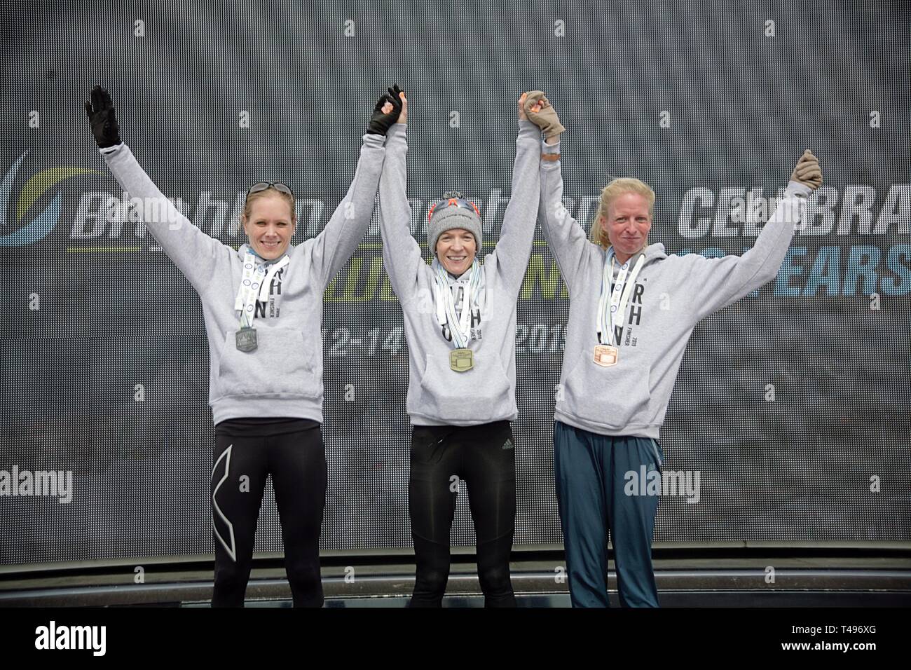 Brighton ,England Regno Unito 14 aprile 2019. La decima Brighton maratona femminile. 1 Helen Davies,2a,Jill Collett,3° Johanna O'regan. Foto Stock