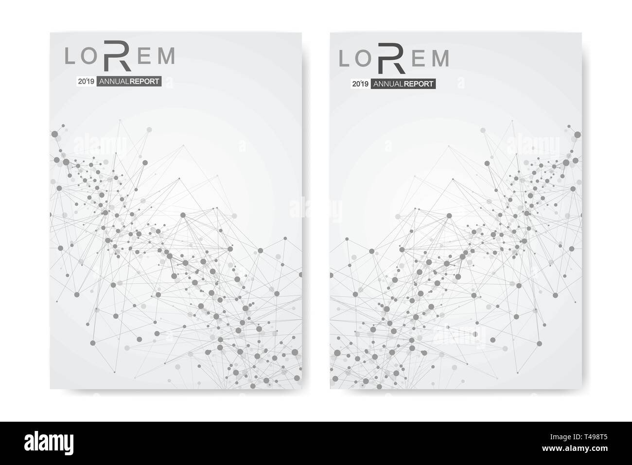 Brochure scientifico modello di disegno. Vettore formato flyer, struttura molecolare collegato con linee e punti. Modello scientifico DNA atom con elementi Illustrazione Vettoriale