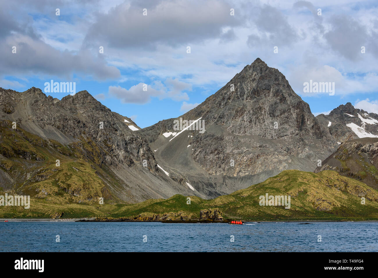 Bella giornata di sole a Coopers Bay con il grigio picco di montagna contro un bianco e blu cielo nuvoloso, gommone con i turisti in rosso cappotti Foto Stock