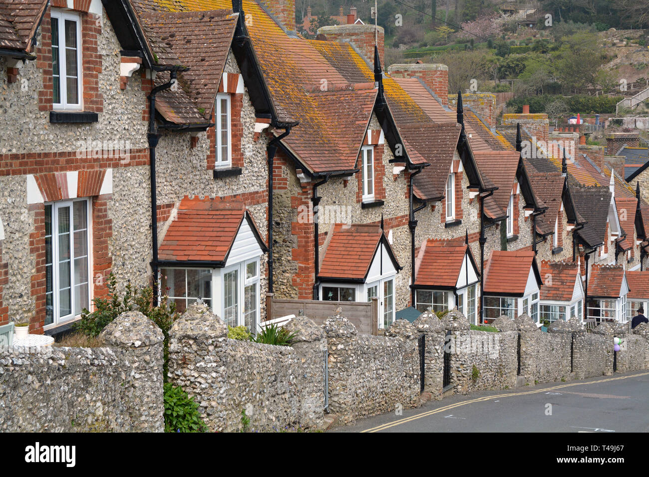 Una fila di identici e ben conservato a schiera case vittoriane che conducono in basso verso il porto di birra, un villaggio nel sud Devon (UK) Foto Stock