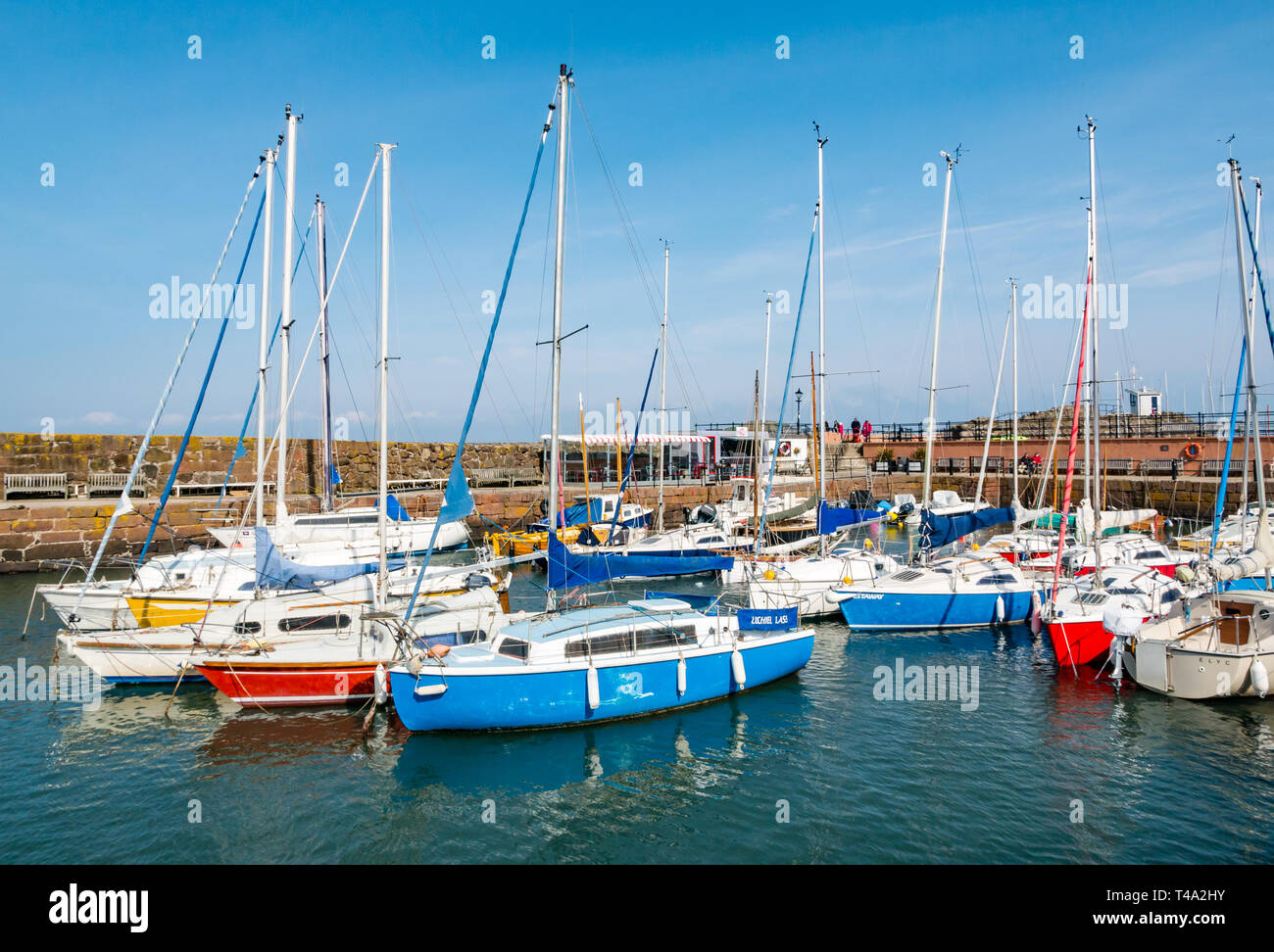 A North Berwick, East Lothian, Scozia, Regno Unito, 15 aprile 2019. Regno Unito: Meteo una fredda giornata di vento nella cittadina balneare. Le imbarcazioni sono restituiti al porto e il lato del porto Lobster shack riapre Foto Stock
