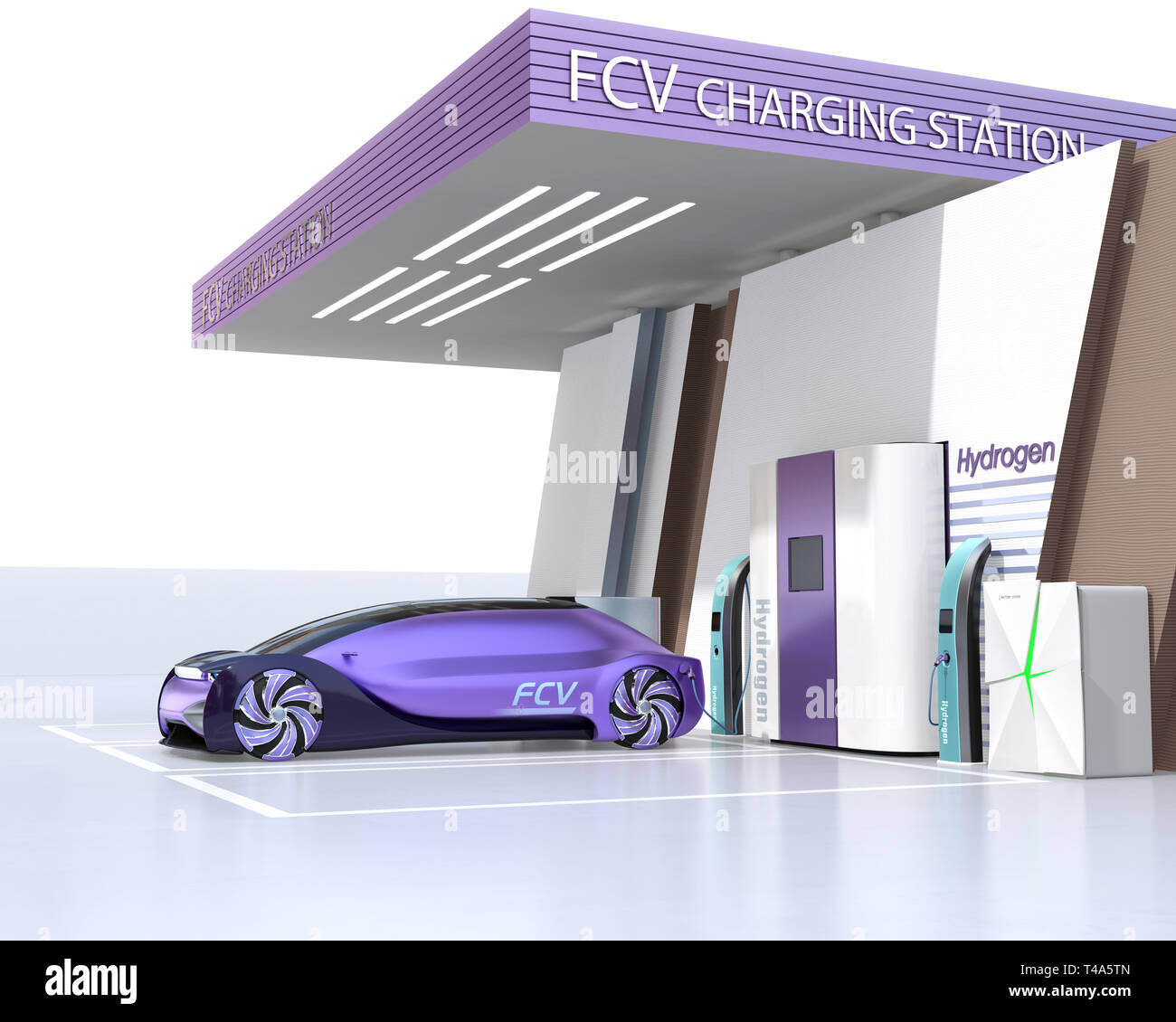 Alimentato da una cella a combustibile auto autonomo a gas di riempimento in cella a combustibile idrogeno stazione. Il rendering 3D'immagine. Foto Stock