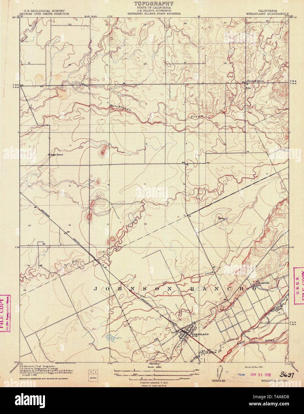 USGS TOPO Map California CA 296603 Wheatland 1910 31680 Restauro Foto Stock