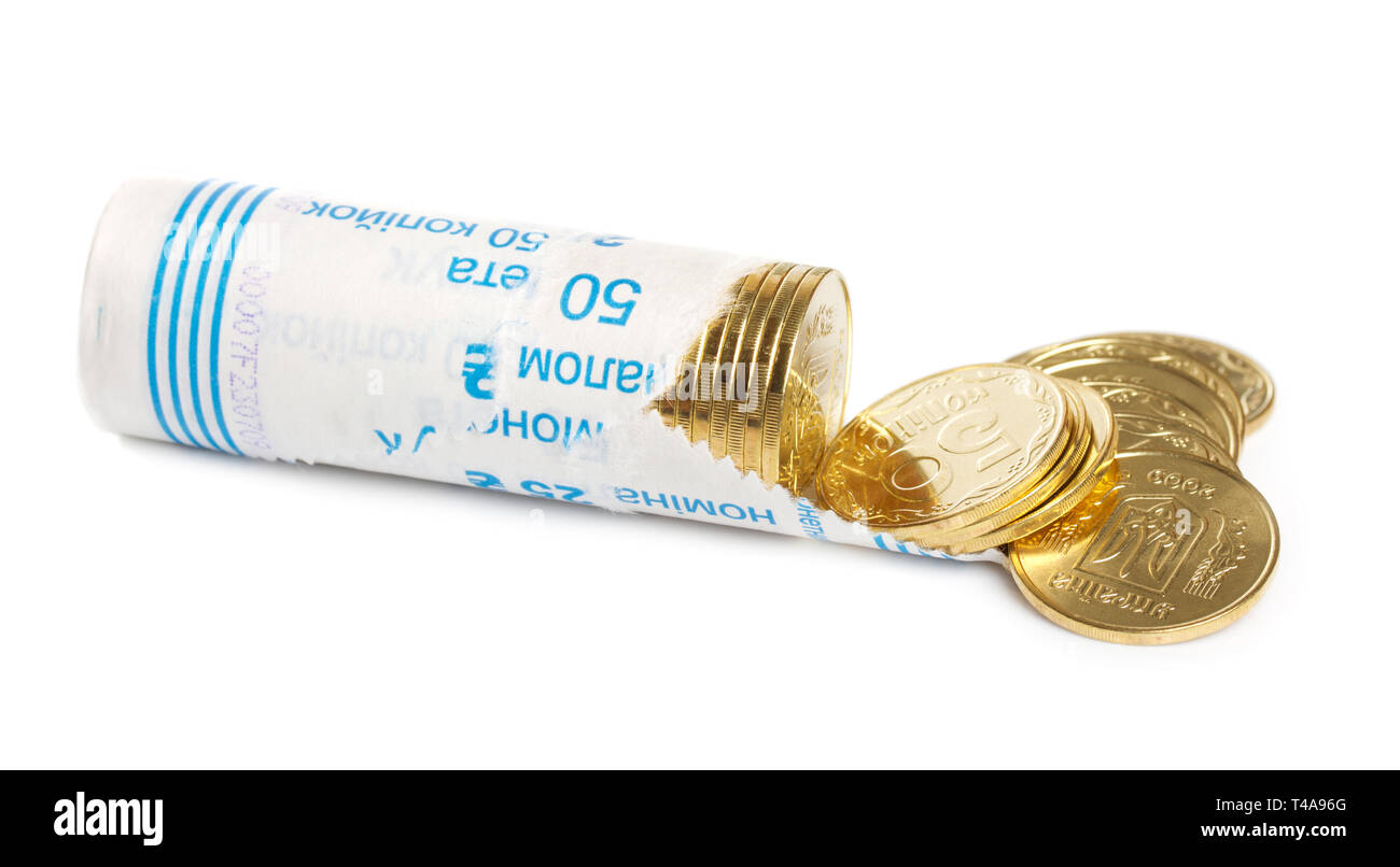 Laminati monete ucraine isolato su bianco Foto Stock