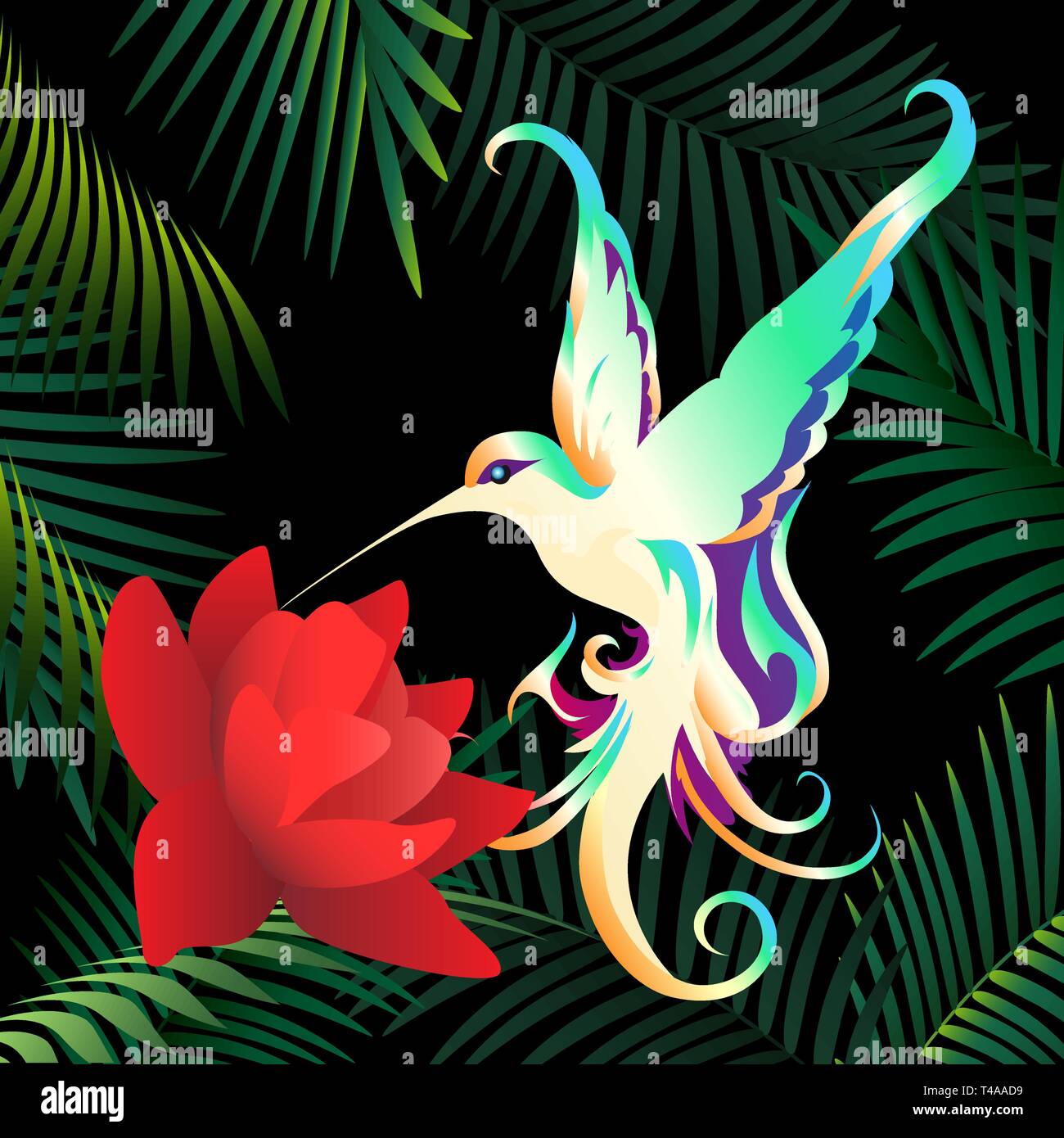 Ronzio uccello vola su tropic fiore nella notte della foresta tropicale. Illustrazione Vettoriale. Illustrazione Vettoriale