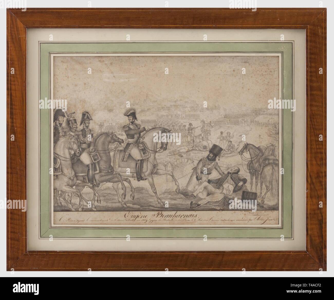 Eugène de Beauharnais (Eugène Duca di Leuchtenberg) alla battaglia del Piave, del 8 maggio 1809. Grande formato, riccamente composto disegno a matita su carta, di confine e la legenda in India inchiostro. In primo piano a sinistra il duca come comandante delle truppe italiane in combattimento contro gli austriaci. Sulla destra due feriti ussari con i loro cavalli in background una dettagliata scena di battaglia. Un due-line legenda in francese presso il bordo inferiore. Firmato in basso a destra "Par Antoie Simon Vigorel, adjudant principali. Temoin oculaire. 1821'. Mascherino, sotto vetro e nel contempo un, Additional-Rights-Clearance-Info-Not-Available Foto Stock