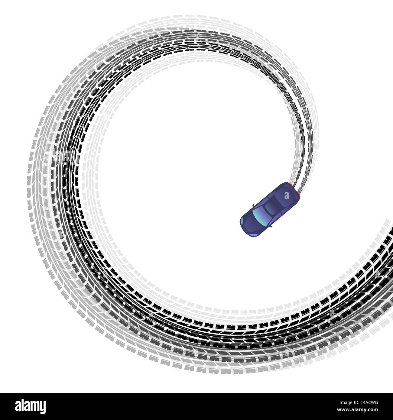 Auto Sportive vista dall'alto nero con tracce di pneumatici isolati su sfondo bianco Illustrazione Vettoriale