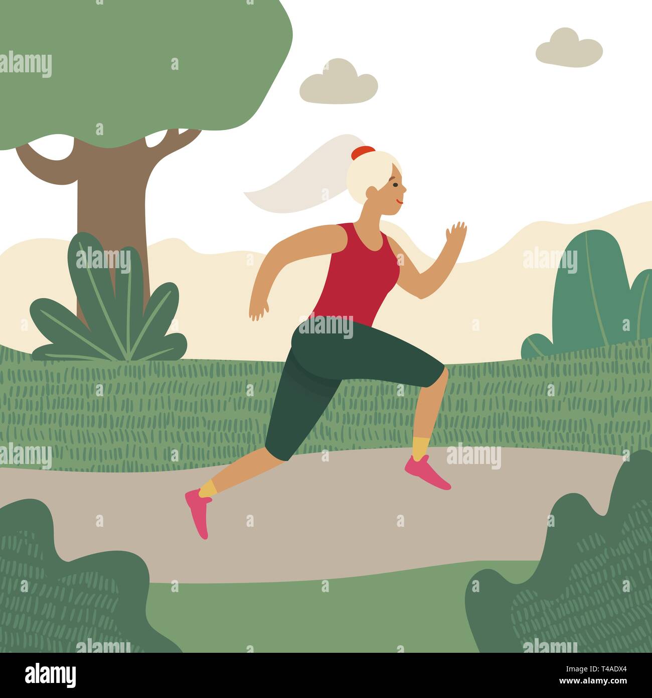 Ragazza per fare jogging. Allenamento di formazione al di fuori del concetto di città. Per esterno in esecuzione. Appartamento cartoon illustrazione vettoriale. Cartoon sportivo da donna jogging al parco. Illustrazione Vettoriale