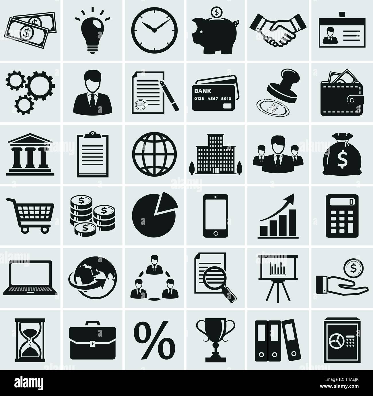 Economia, finanza e marketing icone. Set di 36 simboli di concetto. Raccolta di silhouette elementi di nero per il tuo design. Illustrazione Vettoriale. Illustrazione Vettoriale