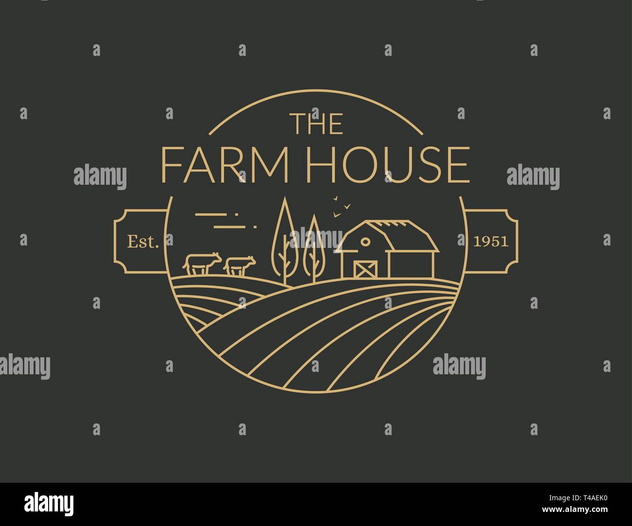 Agriturismo outline isolato del logo su sfondo nero. Linea del vettore emblema con casa colonica, vacche e i campi per la naturale prodotti di fattoria. Illustrazione Vettoriale
