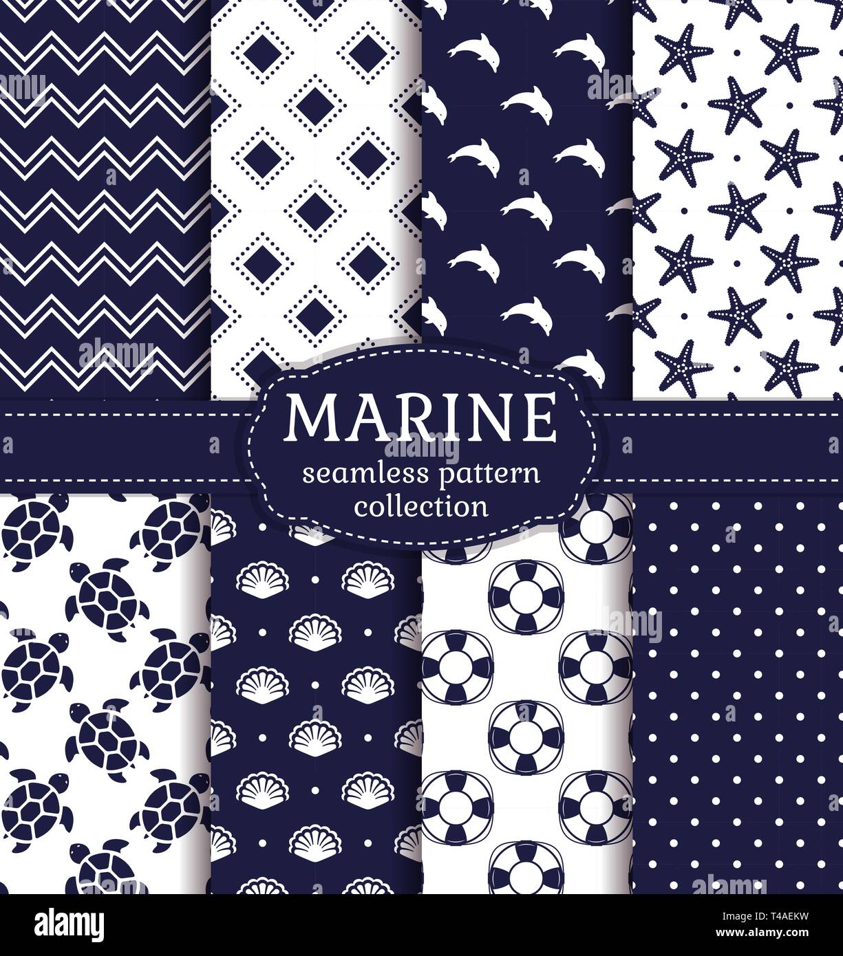 Set di marine e gli sfondi nautico marina in colori blu e bianchi. Il tema del mare. Carino seamless raccolta modelli. Illustrazione Vettoriale. Illustrazione Vettoriale