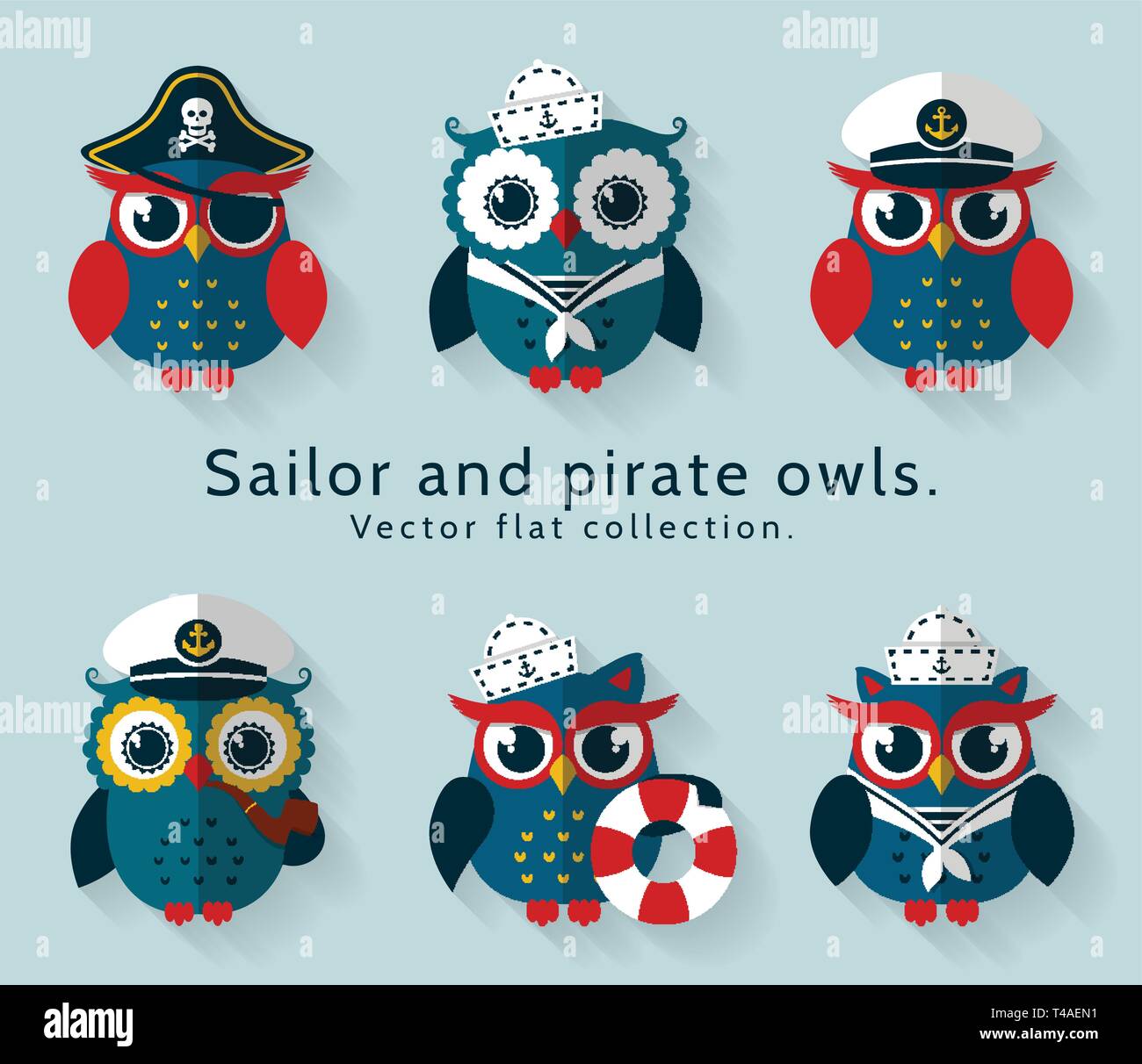 Ahoy! Set di marinaio, Capitano Pirata e gufi per il mare e per la progettazione nautica. Icone divertenti isolato su sfondo blu. Vettore Collezione Piana. Illustrazione Vettoriale