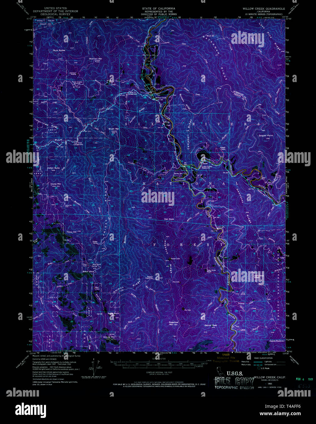 USGS TOPO Map California CA Willow Creek 301999 1952 62500 Restauro invertito Foto Stock