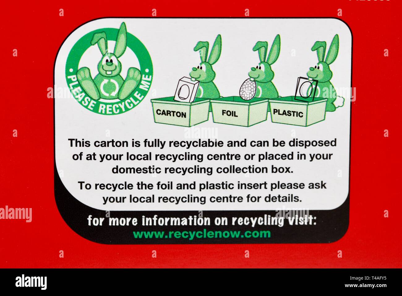 Informazioni relative al riciclaggio su Easter egg carton Foto Stock