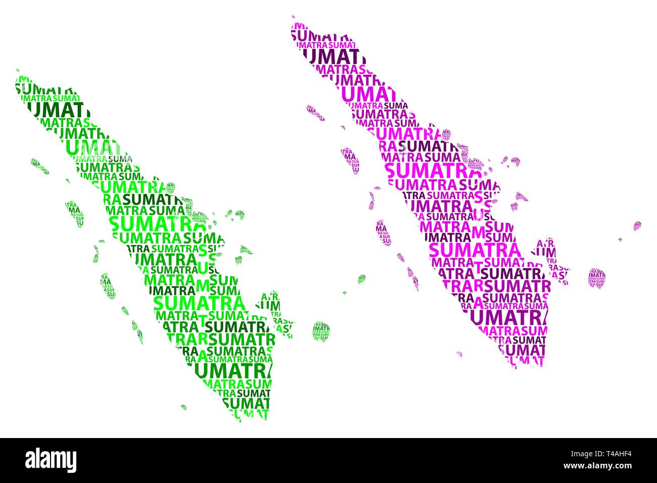 Schizzo di Sumatra testo lettera mappa, Sumatra (Repubblica di Indonesia, maggiore Sunda Islands) - nella forma del continente, Mappa di Sumatra - verde e viola Illustrazione Vettoriale