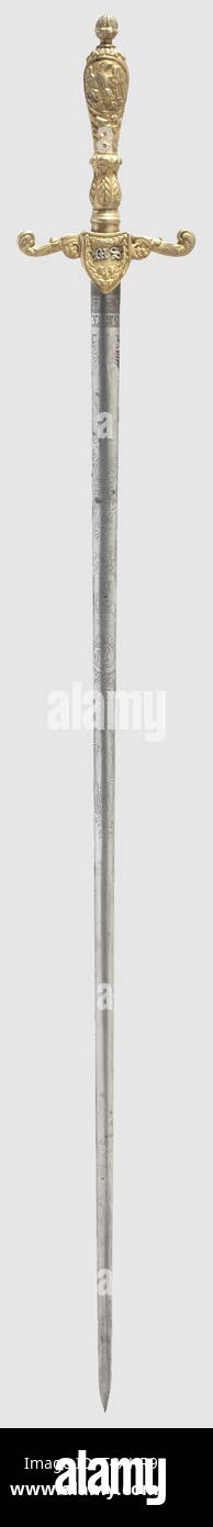 Uno staff medico small-sword, Stati Uniti, come indossata dal 1830 al 1850. Lama con lenticolare di sezione trasversale e attacco floreali, visualizzando l'aquila araldica e "E pluribus unum" motto su entrambi i lati. La facce reca il costruttore iscrizione, 'W.H. Horstmann & Sons, Philadelphia'. Sagomato, ottone dorato il fuso a snodo-bow elsa con il nichel-argento iniziali, 'MS', applicato sulla complementare languet. Lunghezza 83 cm. Cfr. Americana ed Europea e spade nella Collezione storica del US National Museum. p. 40, la piastra 12/4, storico, storico del XIX , Additional-Rights-Clearance-Info-Not-Available Foto Stock