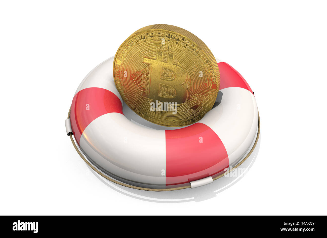 3d illustrazione: oro bitcoin token su un salvagente, isolato su sfondo bianco. Salvataggio Cryptocurrency, economico e informazioni di supporto. Azienda Foto Stock