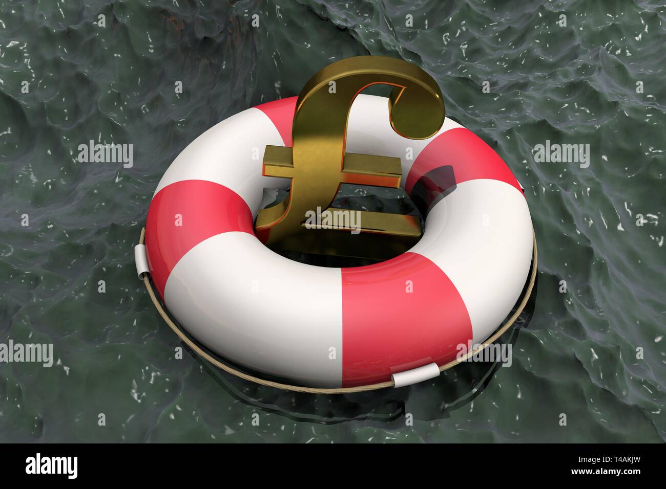 3d immagine: Golden simbolo della sterlina su un salvagente, sullo sfondo di acqua fangosa. Supporto per l'economia del Regno Unito. Iniezione finanziaria Foto Stock
