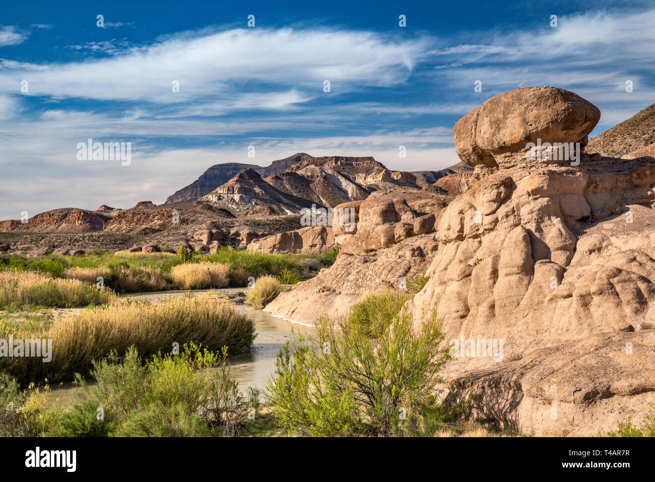 Le formazioni rocciose a Hoodoos Trail, River Road, tre Dike Hill, Cerro de las Burras, Rio Grande in distanza, Big Bend Ranch State Park, Texas, Stati Uniti d'America Foto Stock