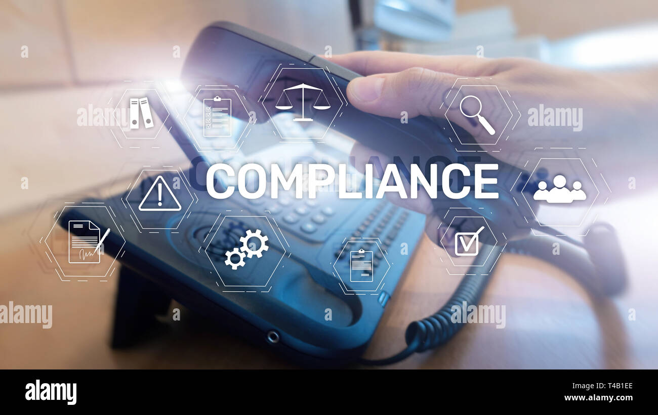 Schema di conformità con le icone. Il concetto di business su sfondo astratto. Foto Stock