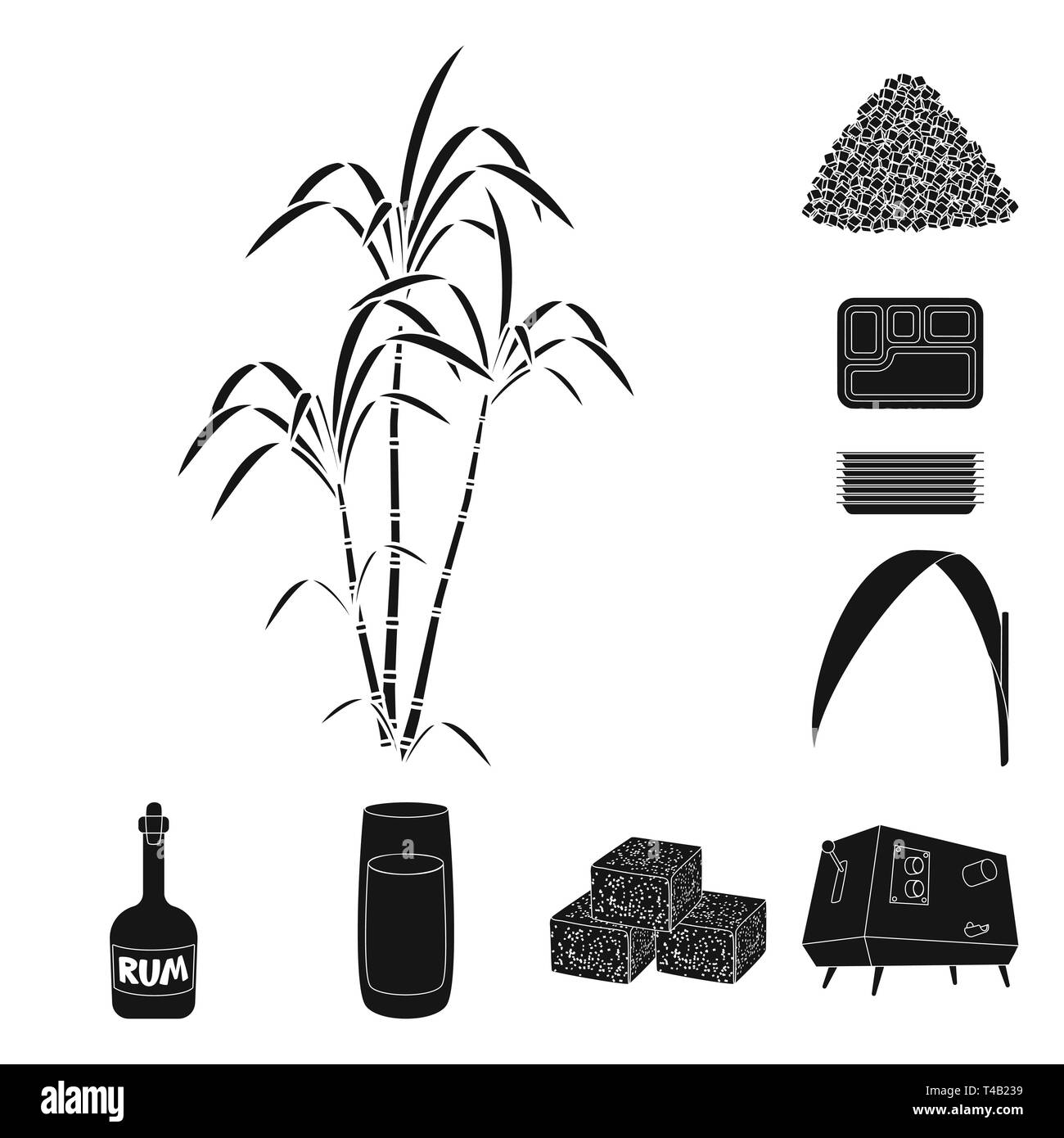 Bush,pezzo,cartone,foglie,rum,succhi di frutta,cube,spremiagrumi,palm,granulata,contenitore,verde,bottiglia,cibo,macchina,crescita,marrone,materie,alcol,melassa,l'ingrediente,automatico,ramo,jaggery,vassoio,materiale vetro,,il diabete,saccarosio,technology,la canna da zucchero, di canna da zucchero,,campo,impianto,plantation,agriturismo,l'agricoltura,impostare,vettore,icona,immagine,isolato,raccolta,design,l'elemento,graphic,segno,Black,semplici vettori vettore , Illustrazione Vettoriale