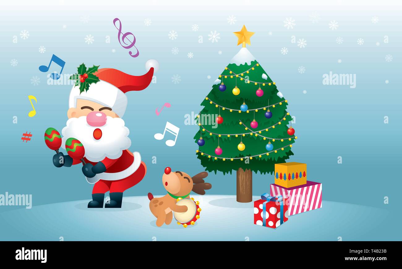 Babbo Natale Balla.Un Simpatico Babbo Natale E La Sua Renna E Cantare E Ballare Sotto L Albero Di Natale Vettore Immagine E Vettoriale Alamy