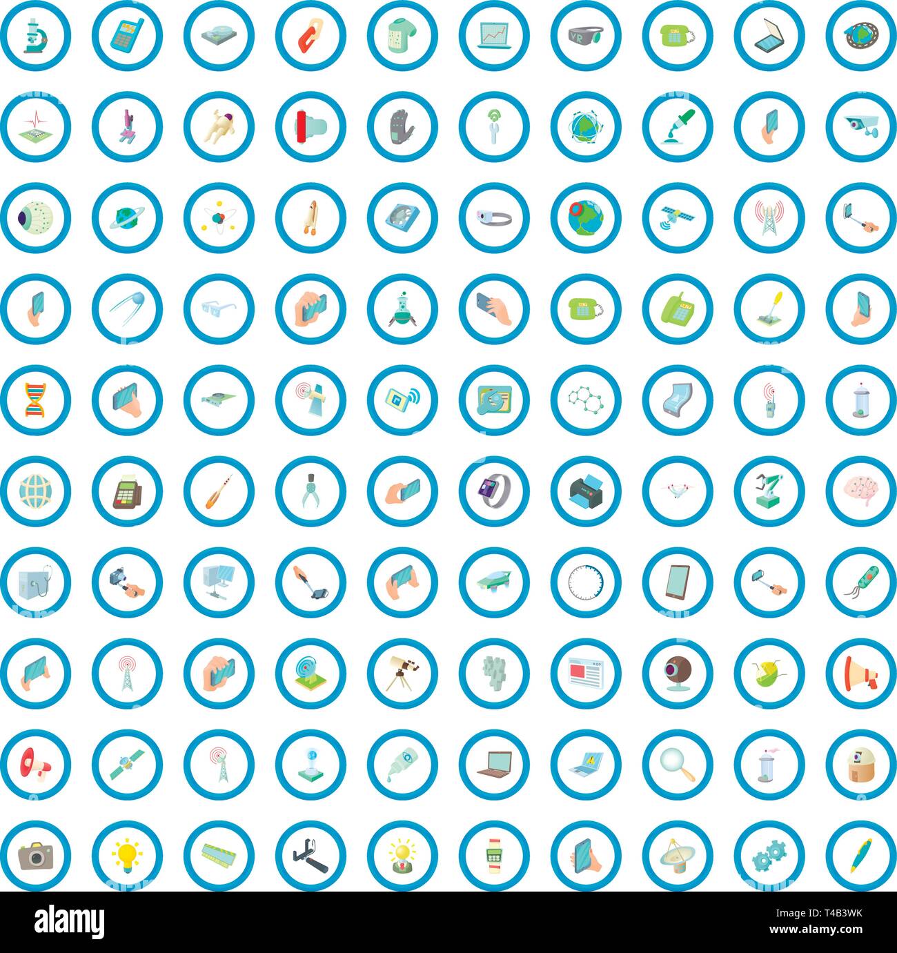 100 tecnologia set di icone, stile cartoon Illustrazione Vettoriale