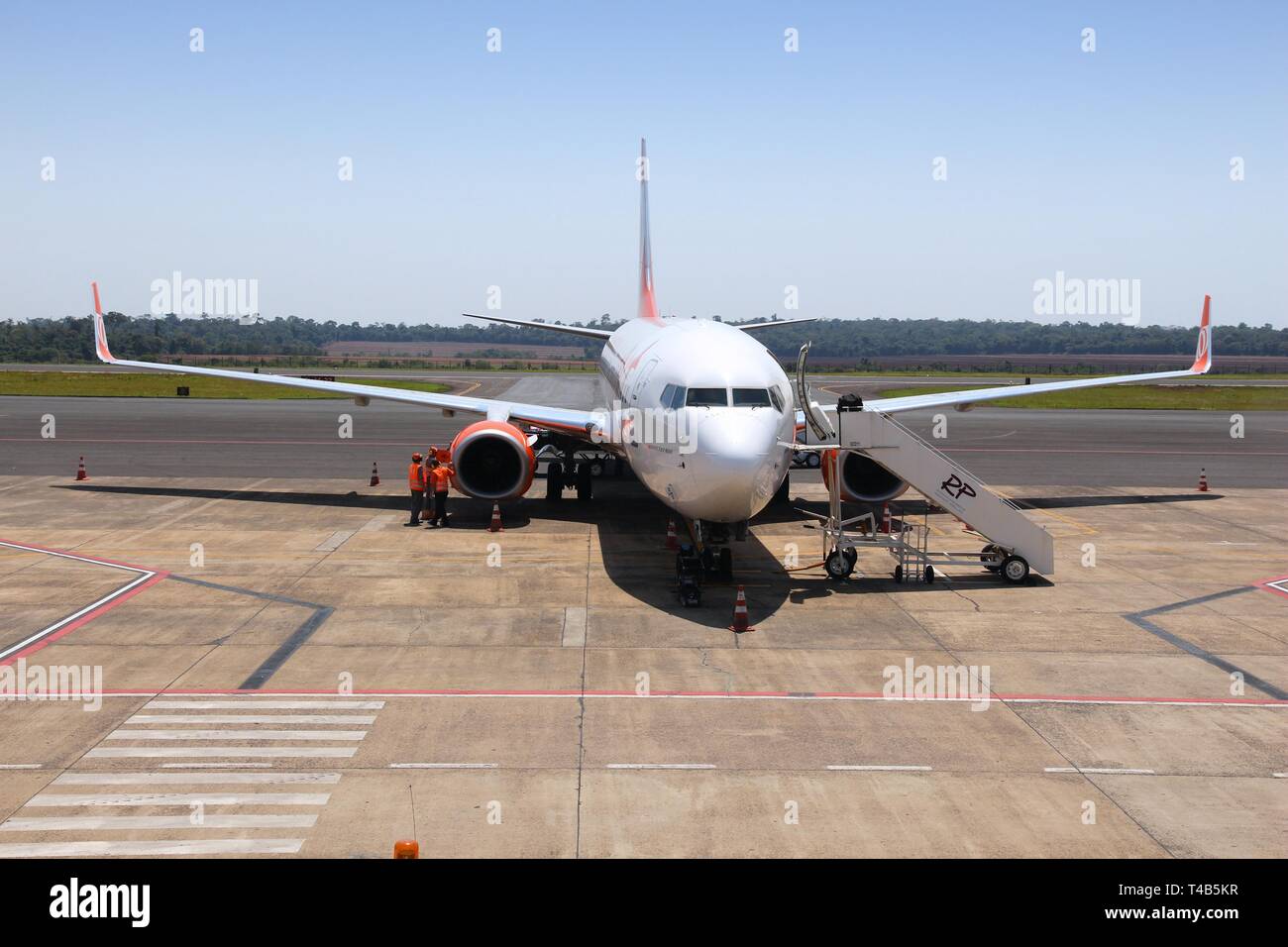 FOZ DO IGUACU, Brasile - 12 ottobre 2014: i lavoratori gestire Gol compagnia aerea Boeing 737-800 a Foz do Iguacu aeroporto, Brasile. Gol è la seconda più grande del Brasile Foto Stock