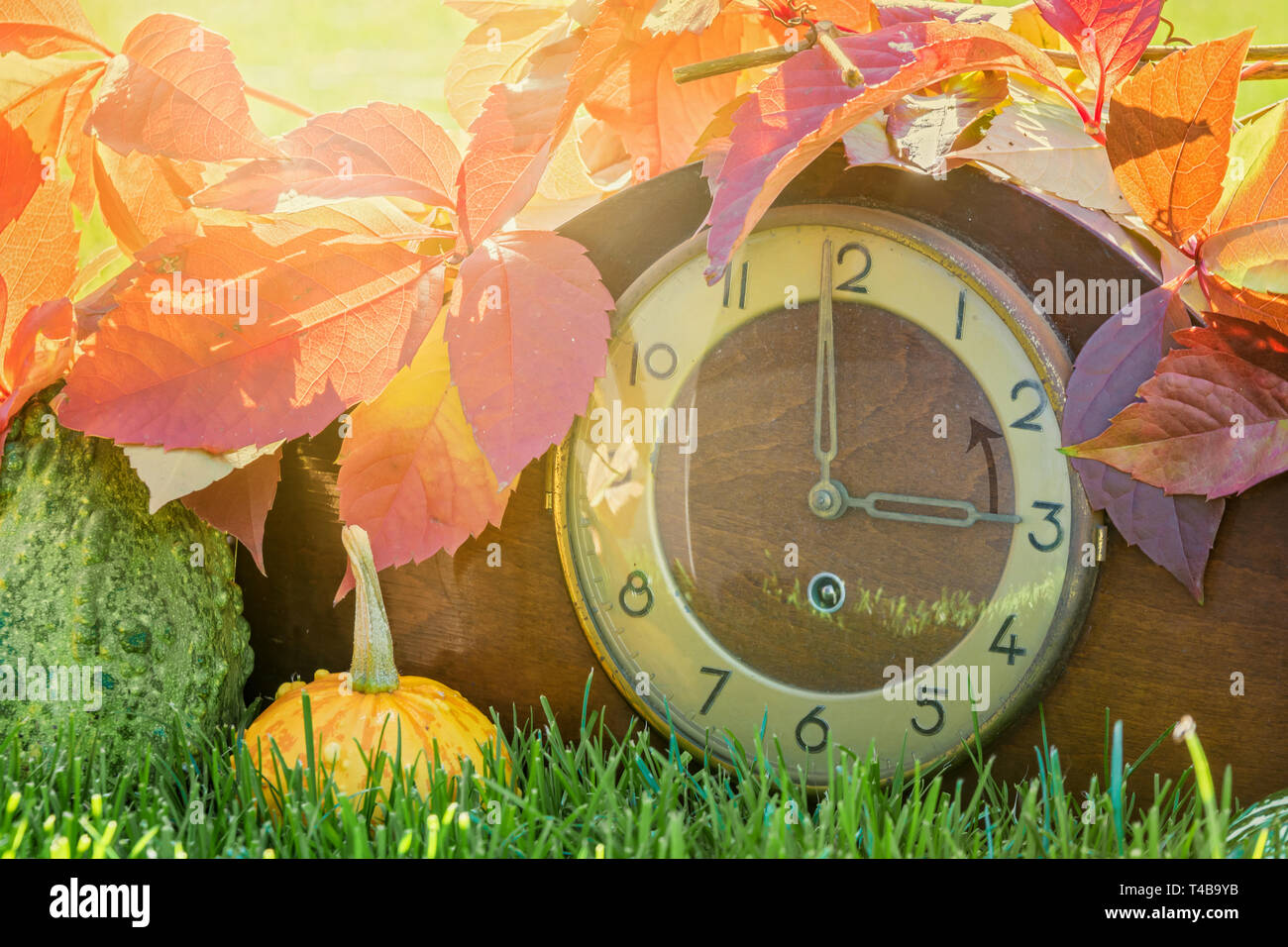 Orologio in foglie di autunno con la freccia come un simbolo per il cambiamento di orario per periodo invernale Foto Stock